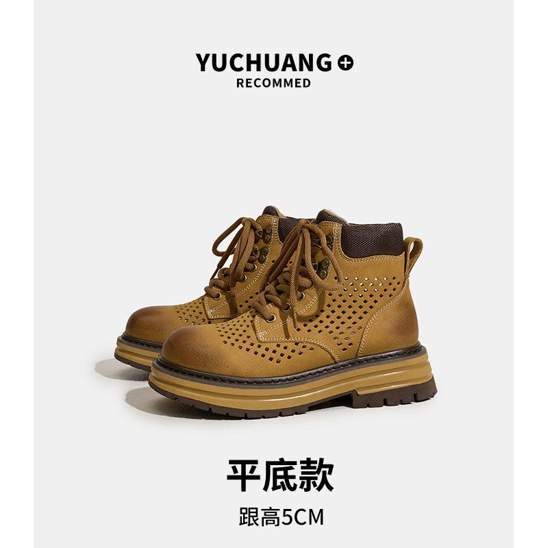 

Leather hollow casual versatile Martin boots women s 2025 summer new outdoor breathable heightening thick-soled short boots 35