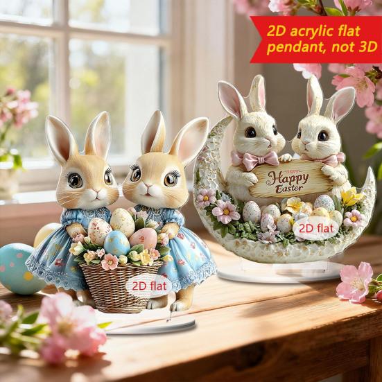 Easter 2D Bunny Acrylic Ornament Eggs Rabbit Table Sign Home Living Room Holiday Party Tabletop Animal