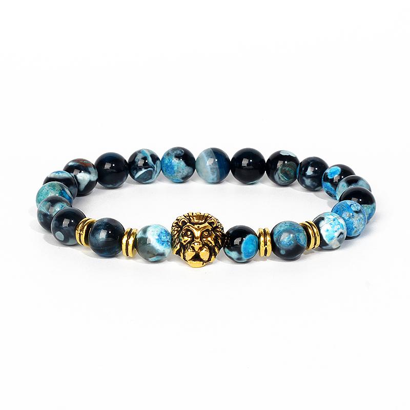 Leopard Head Beaded Bracelets for Men Women 8mm Rock Lava Stone Crown King Lion Charm Bracelet Set Natural Stone Elastic Jewelry