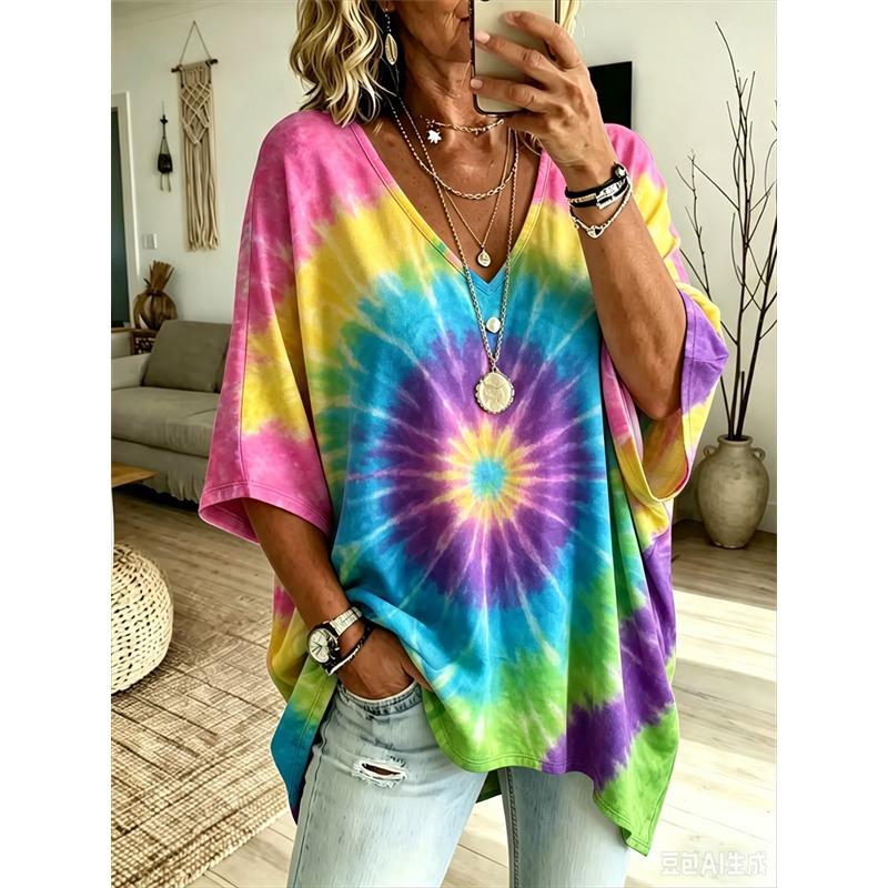Printed Plus-Size Women's V-Neck Batwing Sleeve T-Shirt Bohemian Ethnic Print Loose Top Summer Comfortable Breathable Daily Commute Casual