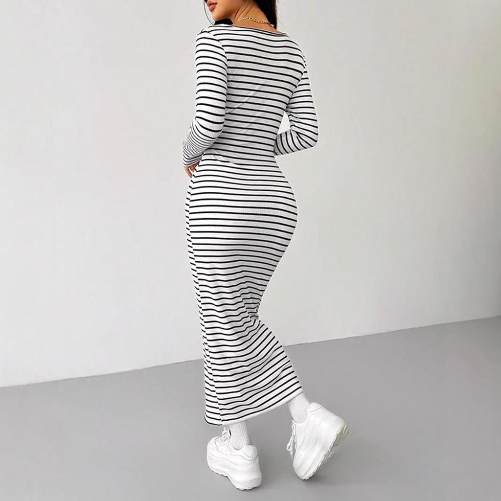 2026 Spring Fashion White Stripe Long Sleeve Sexy Square Colla Maxi Dress for Women Casual Skinny Straight Elastic Knit Dresses