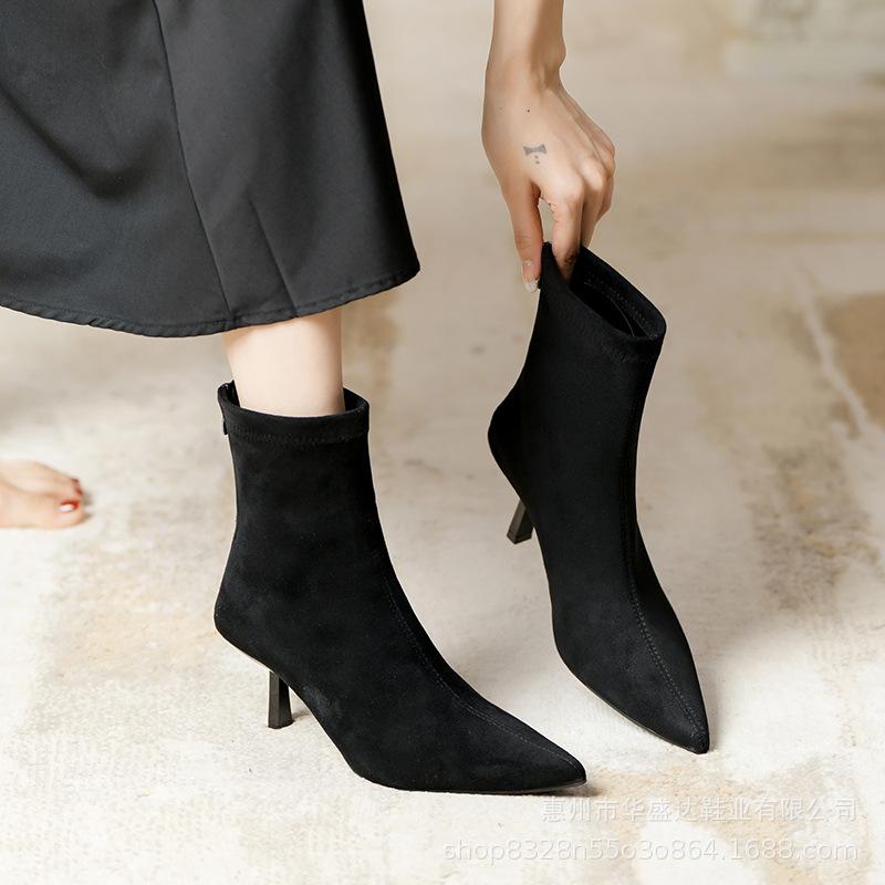 Fashion Pointed toe stiletto short boots for women 2025 autumn and winter new slim boots back zipper French Chelsea stretch short boots