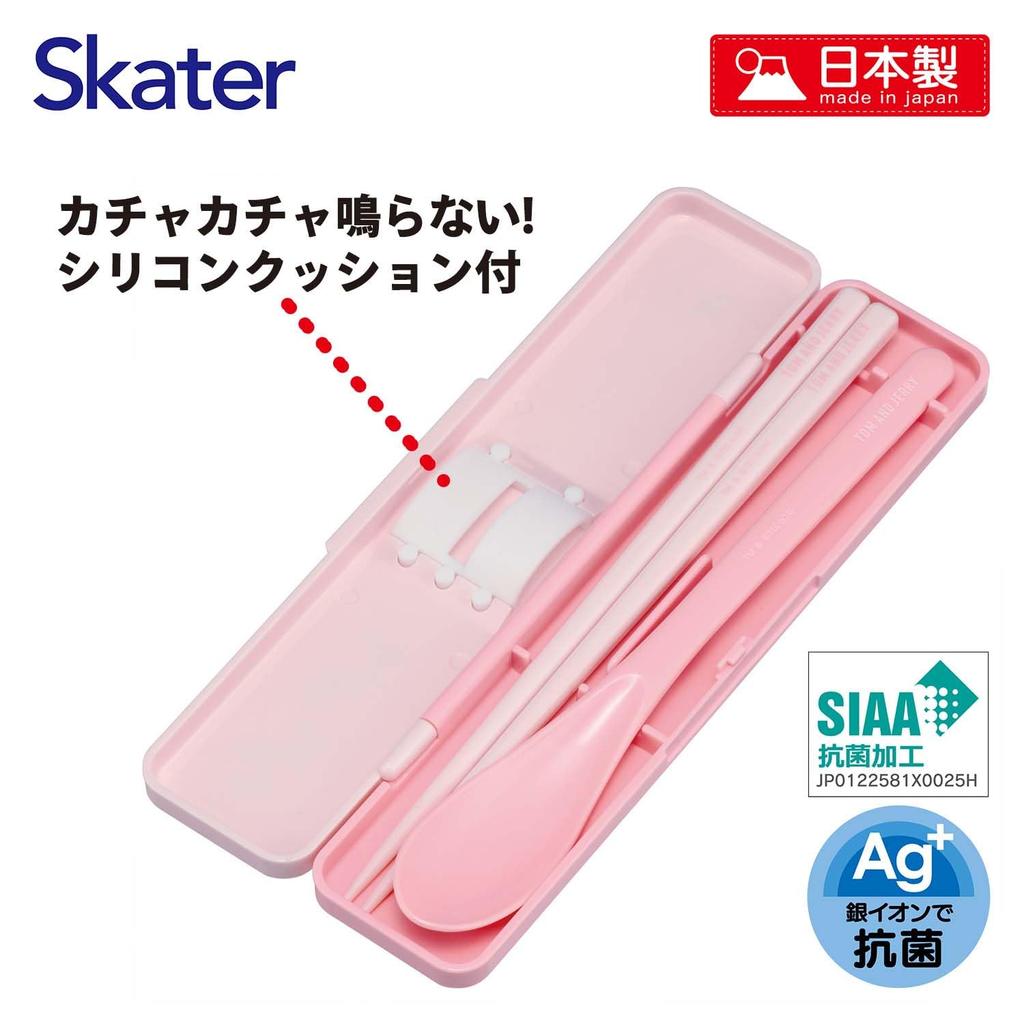 Skater Chopsticks and Spoon Combo Set, 18cm, for Adults, with Silicone Cushion for Silent Use, Made in Japan, Tom and Jerry Friends Design, CCS3SAAG-A