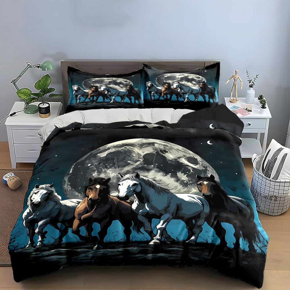 Horses and Full Moon. Bedding Sets Duvet Cover Sets Duvet Covers Pillowcases(1 * Duvet Cover 2 * Pillowcases Without Duvet Insert)