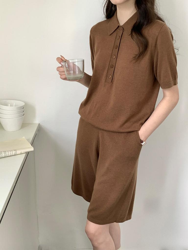 Ease Half Placket Lapel 0 Wool Sweater Women's Early Autumn Short-sleeved Inner Solid Color Simple Pullover Bottoming Shirt