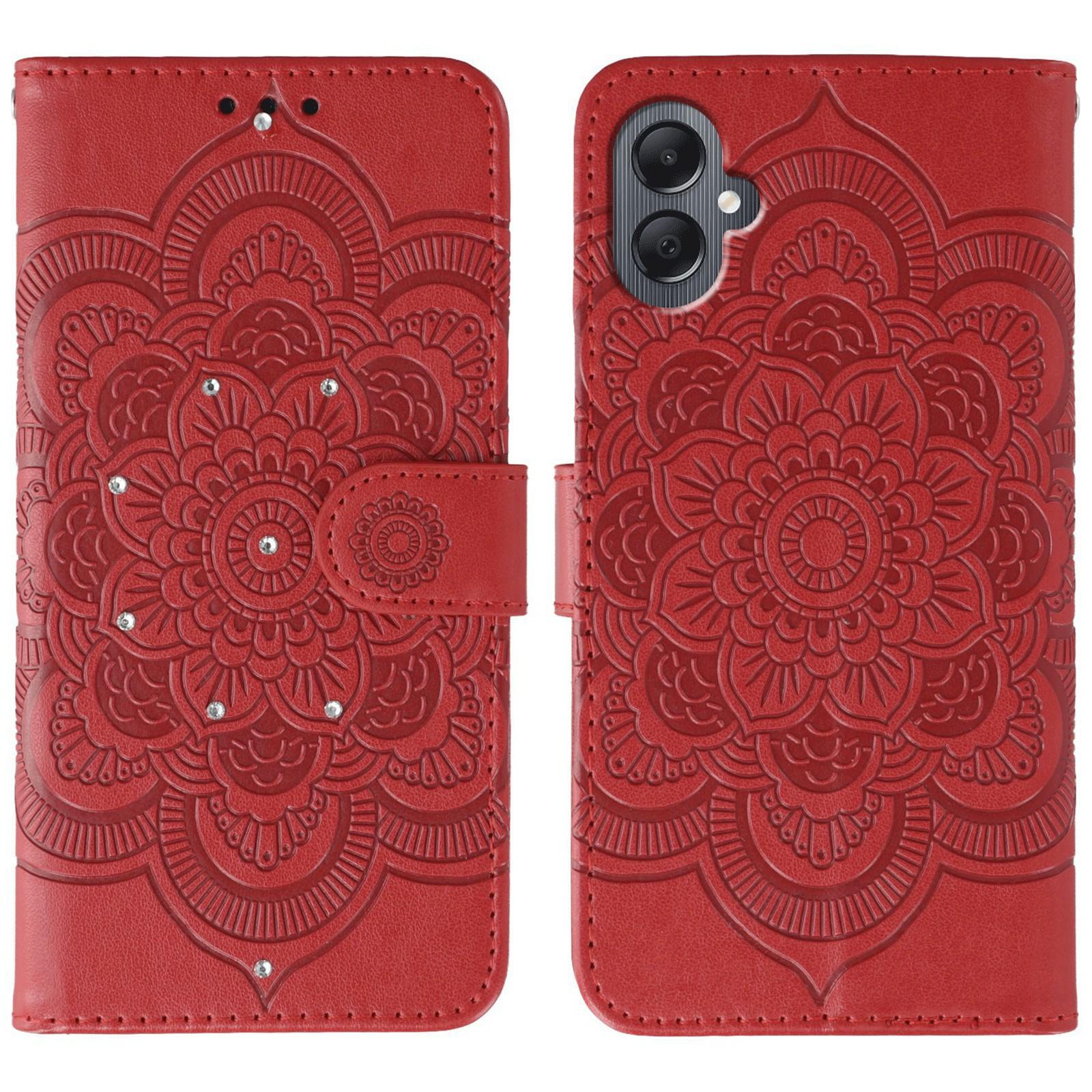 

For Samsung Galaxy A05 4G Case Rhinestone Decor PU Leather Mandala Imprinted Design Phone Cover with Wrist Strap Red