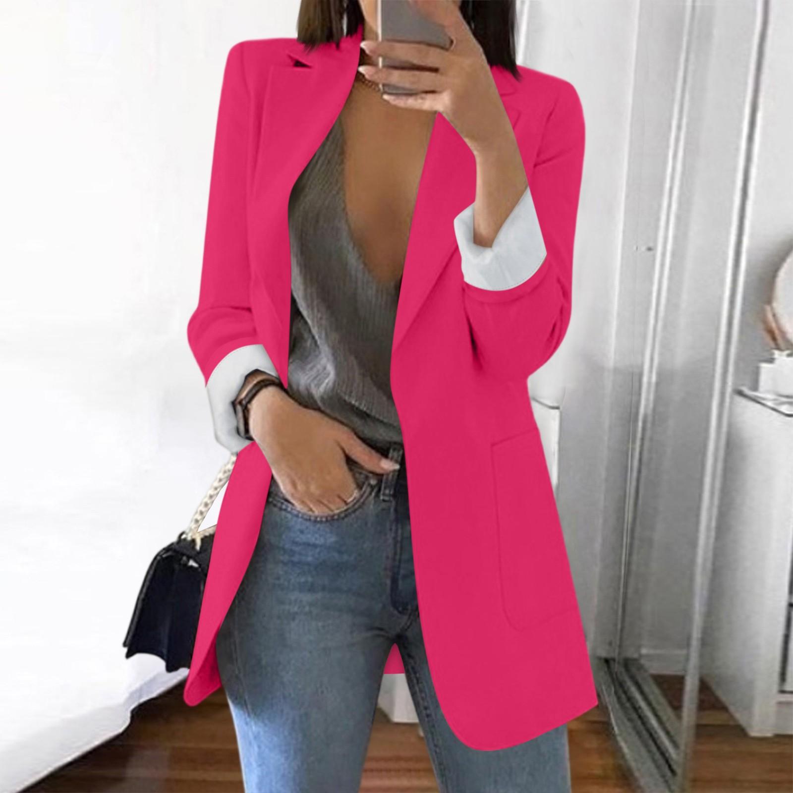 

Женский твердый кардиган с открытыми передними карманами, формальный костюм, блузка с длинным рукавом, пальто S горячий розовый