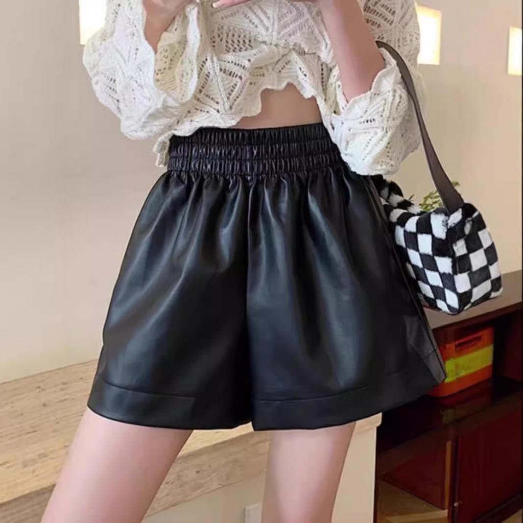 PU Leather Women’s High-Waist A-Line Shorts – Autumn/Winter 2025 Black Fashion Wide-Leg Casual Pants
