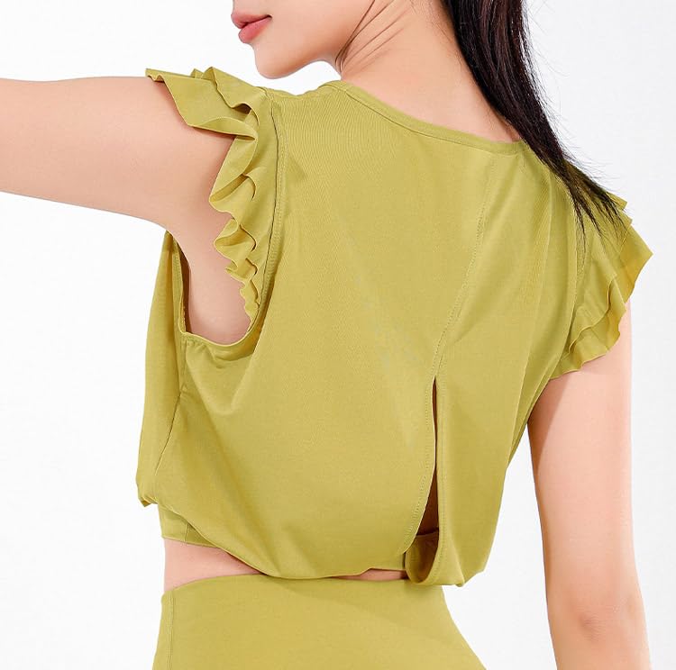 DAYCLOSET Yoga French Sleeve yoga153 Women's Top, Pullover, Tiered, Ruffled, Lightweight, Stretchy, Quick-Drying, (Size L, Mustard)