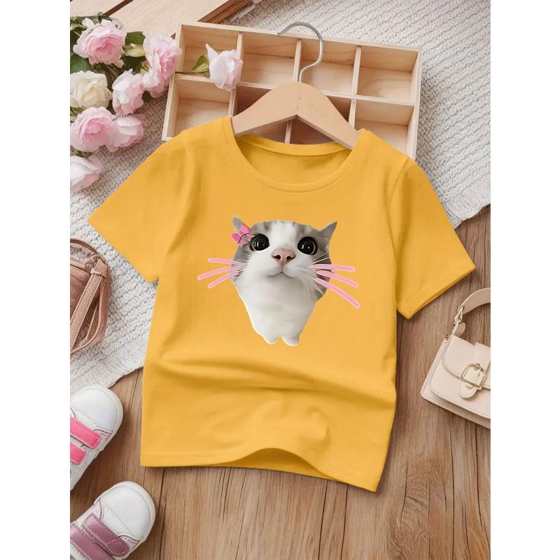 European Sizes Cute Cat Print Round Neck Short Sleeve T-Shirt for Girls - Summer New Arrival Children's Clothing with Cartoon Pattern