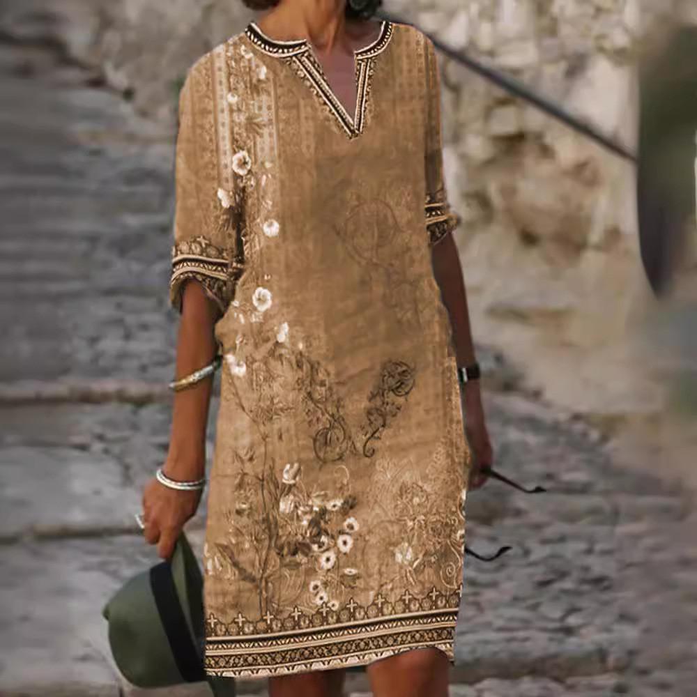 Ethnic Style Floral Print Vneck Dress With Loose Fit For Spring Summer Fashion