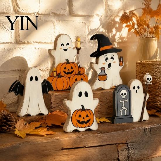 Charming Entrance Countertop Decor Halloween Cute Ghost Sign, Pumpkin Tombstone Wooden Plaque Rustic Spooky Party Centerpiece for Tiered Tray