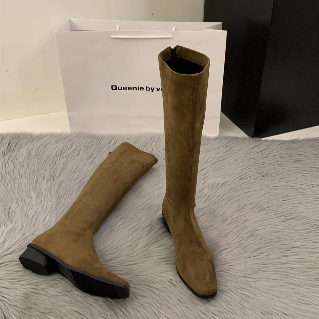 Women's Knee High Boots Temperament Slim Long Boots Quality Suede Casual Boot Retro Square Design Women Boots Botas Largas Mujer