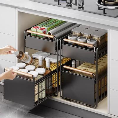 Kitchen Storage Rack With Pull-out Basket Layered Shelves Carbon Steel Under Sink Shelf Seasoning Bottle Bathroom Storage Racks