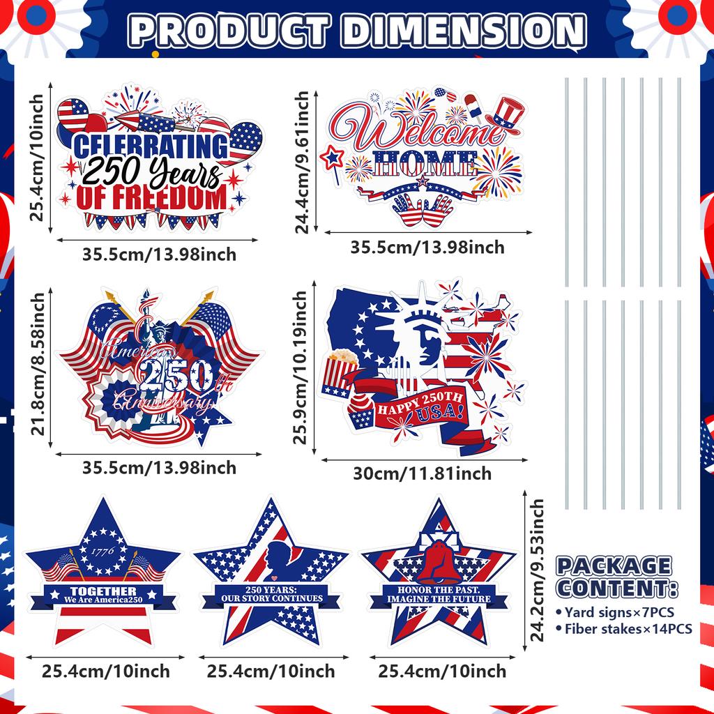 7 Stück 250. Jubiläum Amerikanische Rasenschilder 4. Juli Dekorationen Unabhängigkeitstag Outdoor Rasendekor Patriotische Party 1776-