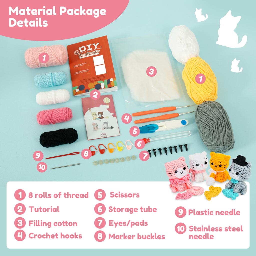 4Pcs Crochet Kit for Beginners DIY Knitting Craft Kit Fun Cat Crochet Set Cute Crocheting Cat with Accessories and Tutorial
