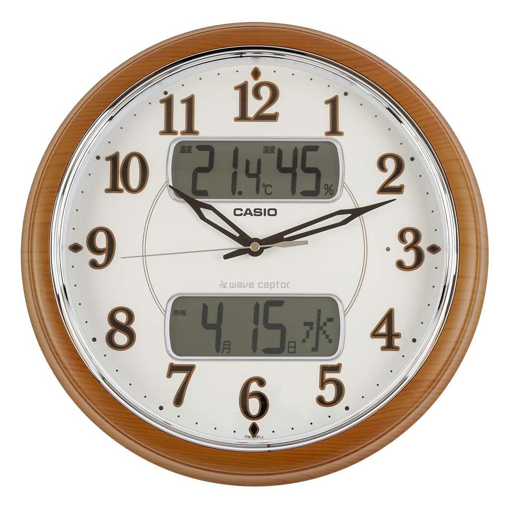 CASIO Wall Nighttime Second Hand Automatic Time Clock, Radio-Controlled, Brown, Analog, Stop, Light, Signal, ITM-900FLJ-5JF