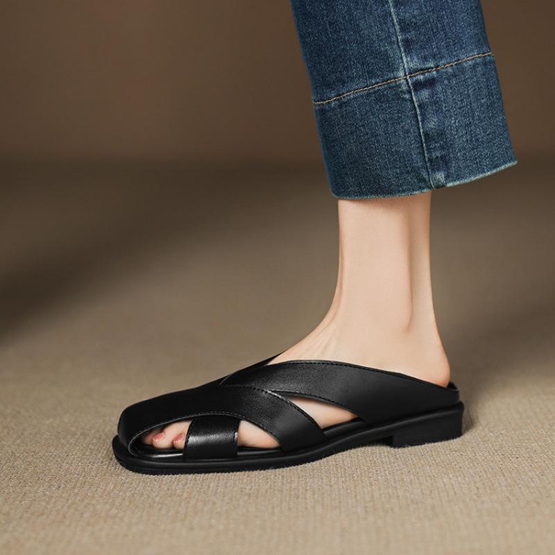 Summer Flat-bottomed Slippers Women's New Bag Head Slippers Rubber Soft Sole Solid Color Casual Cool Slippers Women's Large Size One Pedal