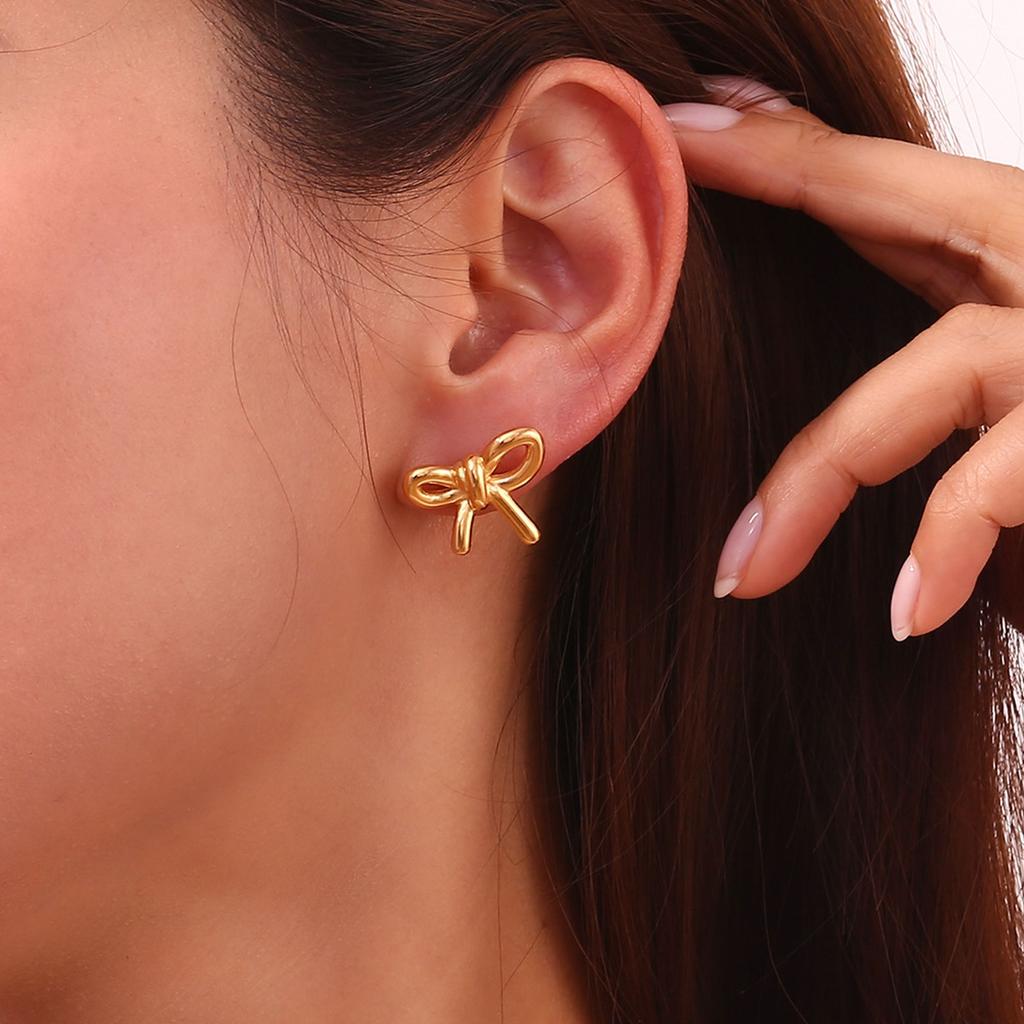 CARLIDANA Fashion Trend Bow Jewelry Waterproof Bow Earrings and Necklace 18k Gold Plated Stainless Steel Women Jewelry Set
