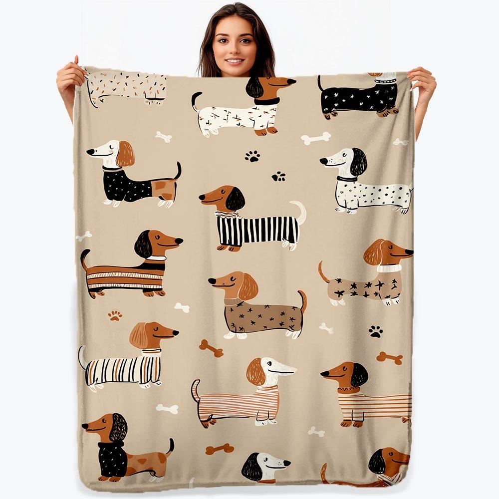 1 Dachshund Print Flannel Blanket  Brown Black and White Comfortable Dog Pattern for Home or Travel Suitable for All Seasons 75x100cm