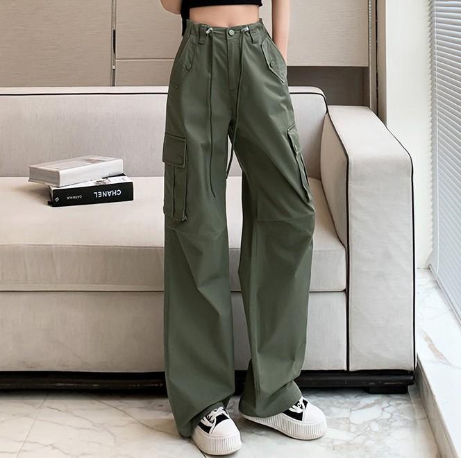 FiveFive Y2K Drawstring Cargo Parachute Pants Women Harajuku Streetwear Oversize Wide Leg Straight Trousers Female Pockets