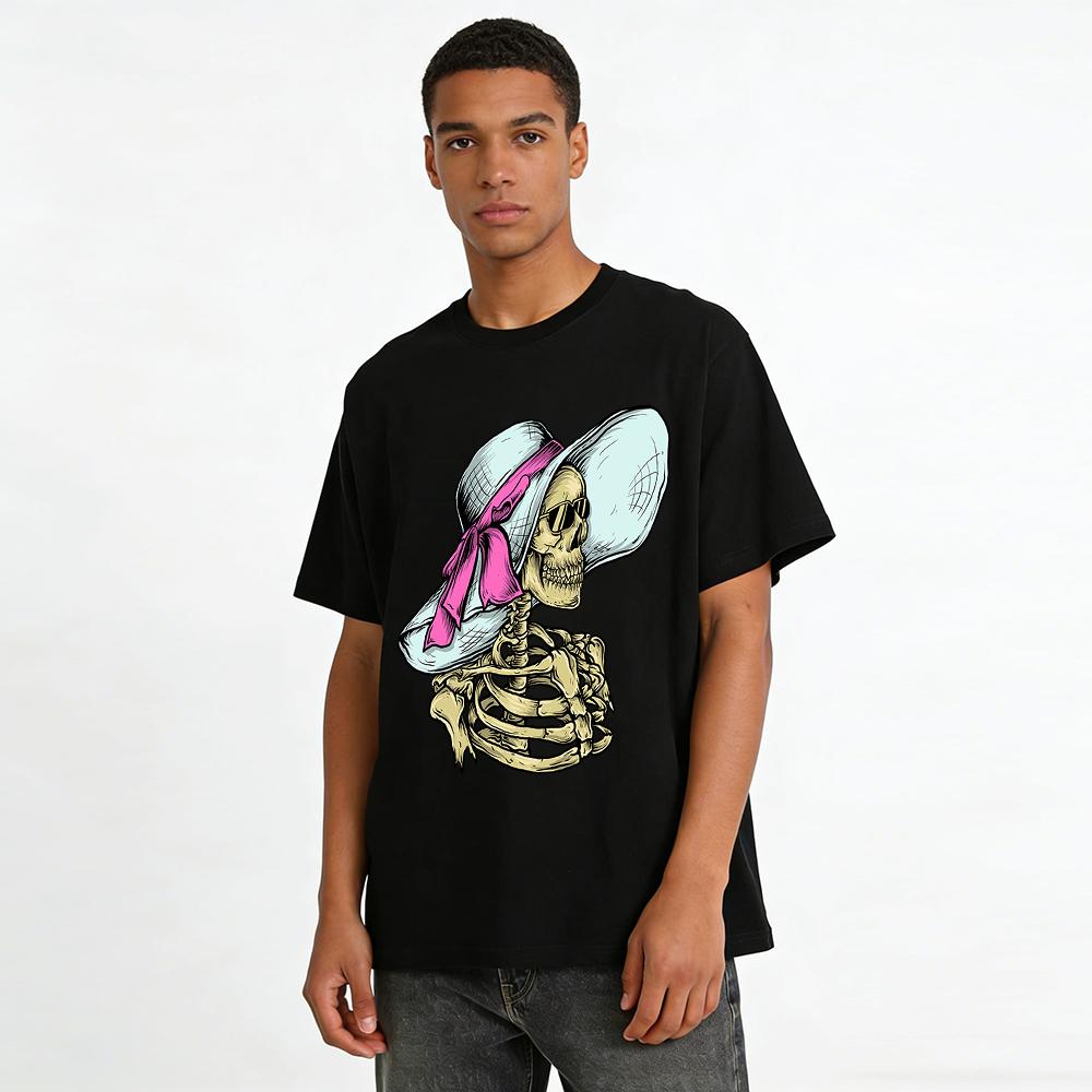 Vintage Vacation Style Skull Print Casual Short Sleeve T-Shirt Pure Cotton T-shirt