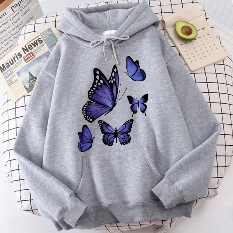 Graphic Dark Purple Butterfly Pattern Printed Hoodies Women's Vintage Y2k Sweatshirts Casual Hooded Clothes Kawaii Pullovers