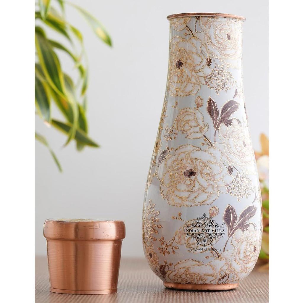 Gold Flower Print Bedroom Bottle – Designer Copper Drinkware, Elegant Copper Water Bottle for Everyday Use, Volume- 1500 ML