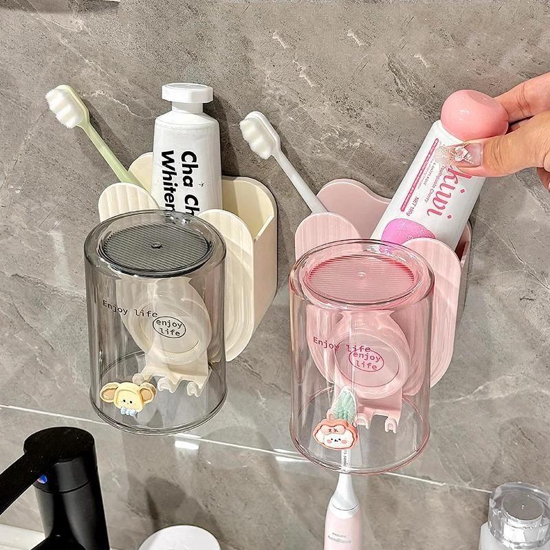 Wall Mounted Toothbrush Holder with Cup Dustproof Drain Hole Design Bathroom Storage Rack for Daily Home Use