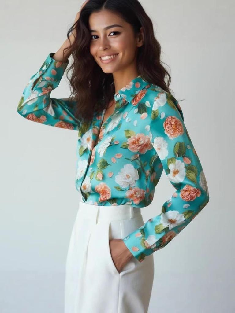 European & American Women's Printed Casual Loose Long Sleeve Shirt