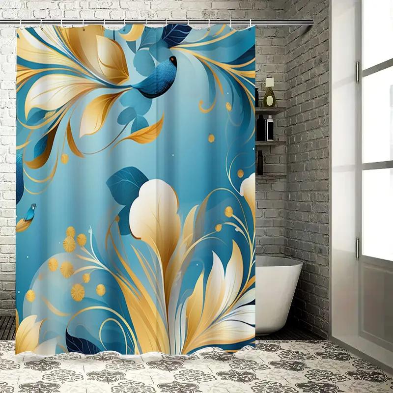 Modern Blue Gold Flower Print Shower Curtain for Bathroom Decor Waterproof Home Decorative Canopy