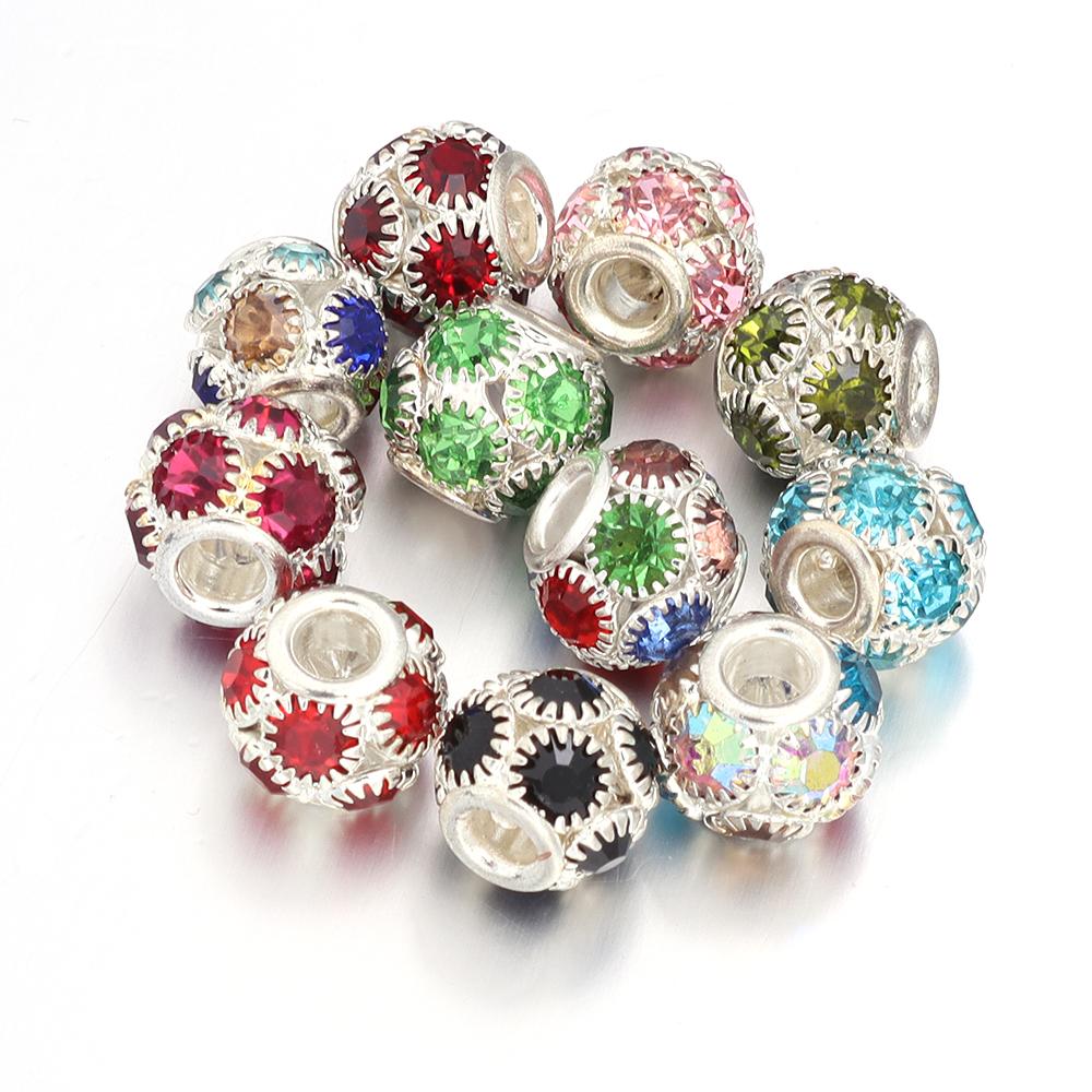 5pcs/lot Metal Beads With Colorful Rhinestones Big Hole Loose Spacer Beads For DIY Fashion Bracelet Necklace Jewelry Accessories