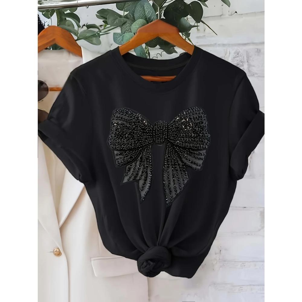 Women'S Sparkling Black Bow T-Shirt - Short Sleeve Casual Crew Neck Rhinestone Detail Ideal for All Seasons