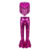 Girls Disco Outfit Metallic Sequins Sleeveless Round Neck Top Tassels Decoration High Waist Bell Bottom Pants