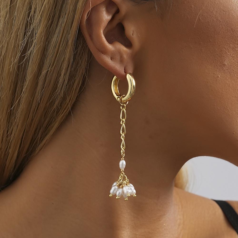 Faux Asymmetrical Modern Pearl Earrings For Women Gold Plated Geometric Design