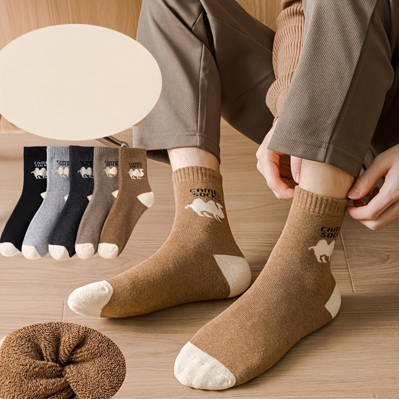 5 Pairs Men's Winter Thermal Socks Thick Warm Camel Design Ribbed Cuff Casual Comfort for Cold Weather Outdoor Activities , Winter Socks
