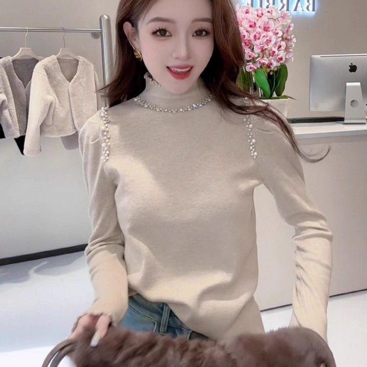 Женский вязаный свитер с полувысоким воротником Осень/Зима Высококачественный свитер с бисером Вязаный пуловер облегающего кроя L абрикосовый