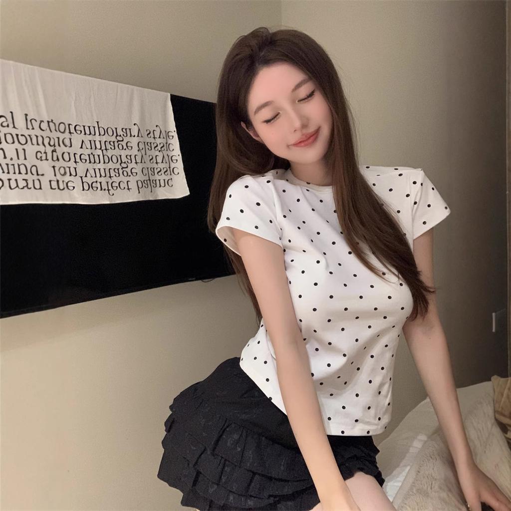 Korean Polka Dot Printing Round Neck Front Shoulder Short-sleeved T-shirt Women's Summer New Slim and Thin Versatile Top Trend