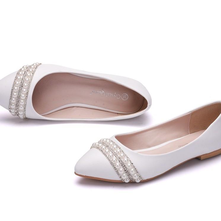 Bryllupssko med flat såle Krystallsko Brudesko Bryllupskjole Komfortable Koreansk stil Dusk Perle Rhinestone Middag Hvite Damesko