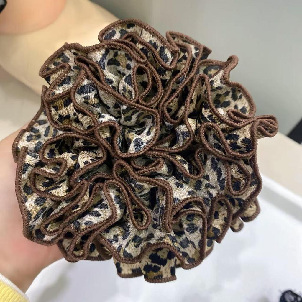 Korean Floral Hydrangea Scrunchie - Sweet Mori Style Leopard Print Hair Tie for Women