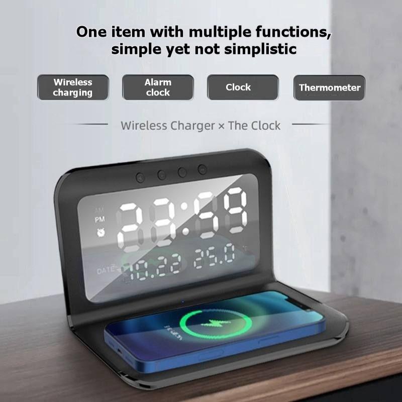 ABBP-Quick Charge Wireless Charging Desk Clock- 2-In-1 Design, Digital Display, Black