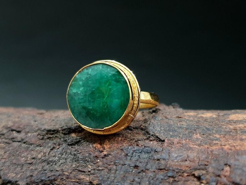 Emerald Round Gemstone Ring, Yellow Gold Ring, Statement Jewelry, Ring For Sale, Birthday Gift, Designer Ring, 925 Silver Ring