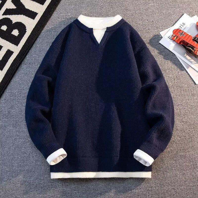 Men's Winter Patchwork Color Block Layered Sweater - Casual, Versatile, Warm Round Neck Knitwear