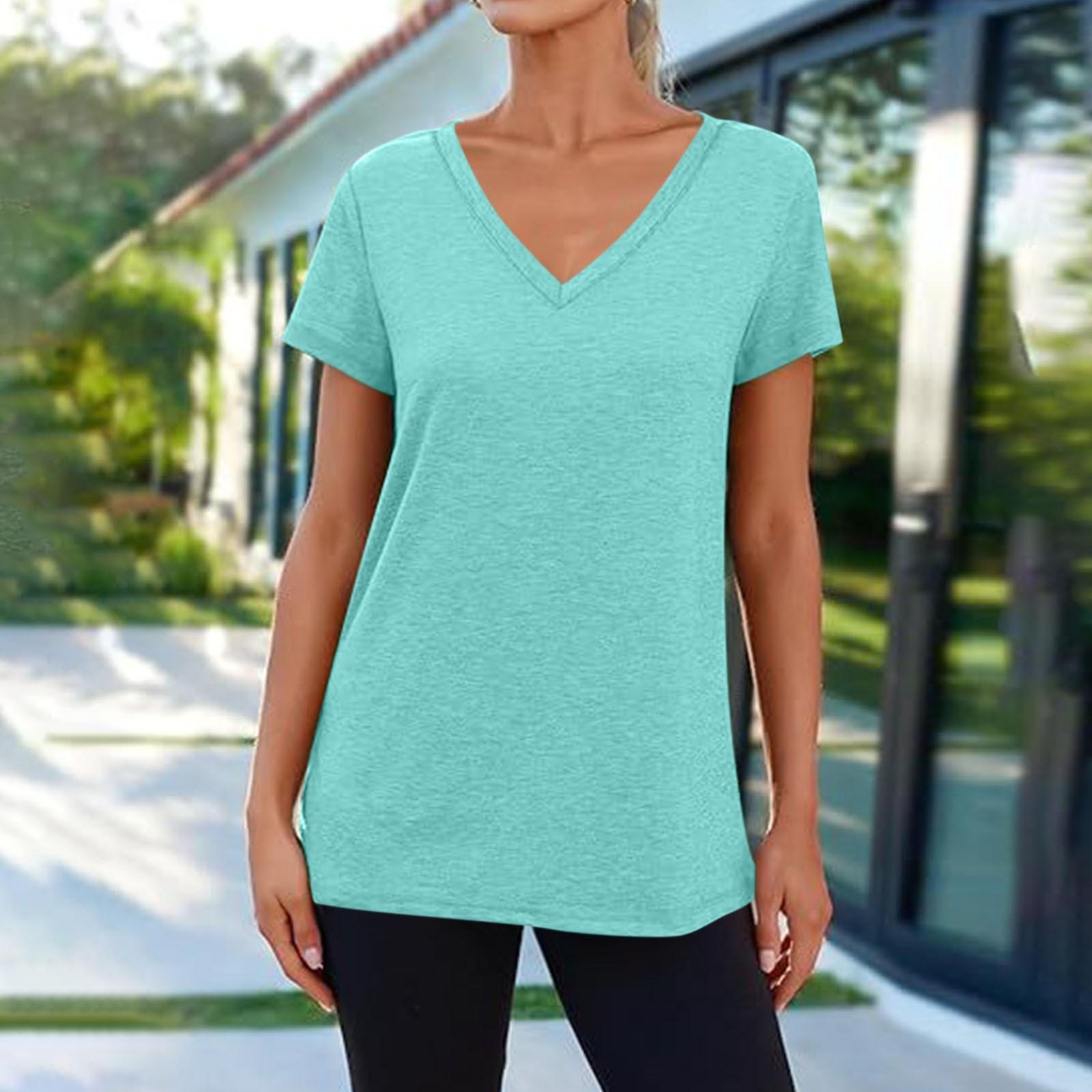 

Футболки с коротким рукавом и V-образным вырезом, футболки для женщин, модные топы, модный легкий мягкий повседневный летний топ XXL циан
