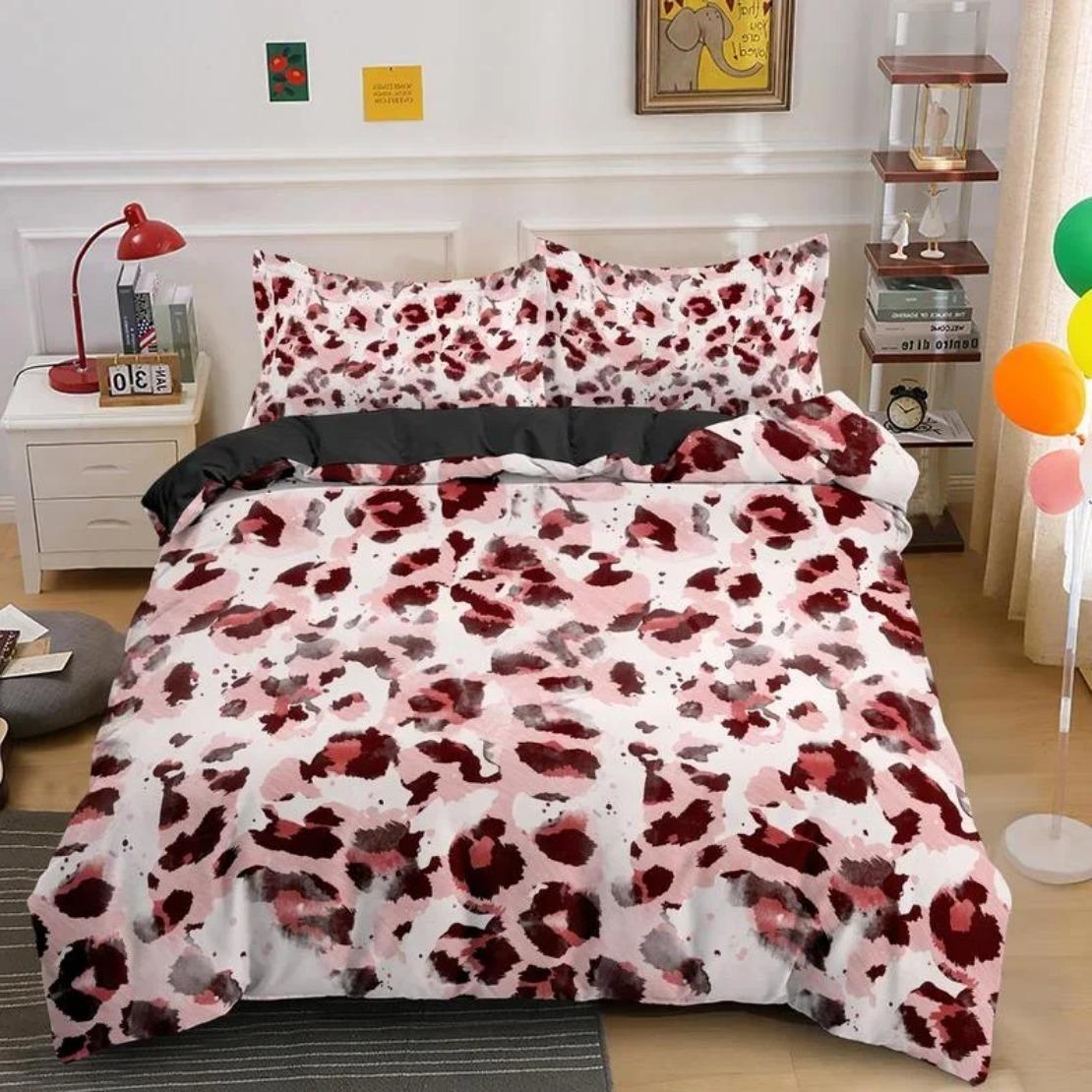 

Pink Leopard Print Bedding Set Animal Skin Leopard Duvet Cover Pillowcase for Girly Teens Women Bedroom Decor EU Single(135*200cm)3pcs