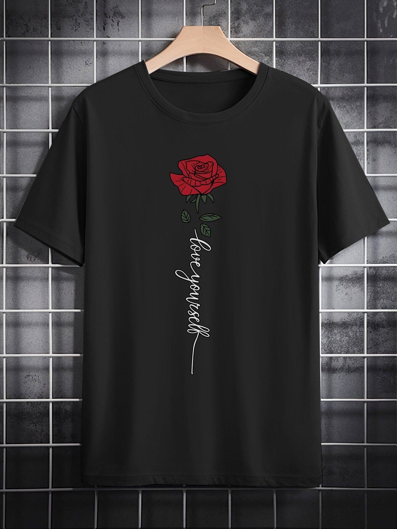 Casual Crew Neck T-shirt with Love Yourself 3D Rose Print – Black Graphic Tee S