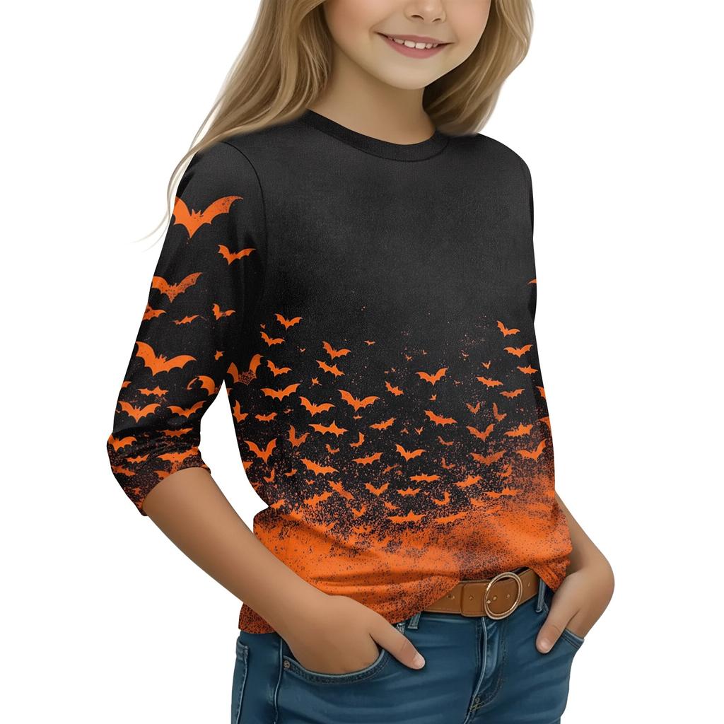 Girls Halloween Pumpkin Witch Print Long Sleeve Neck Casual Tee