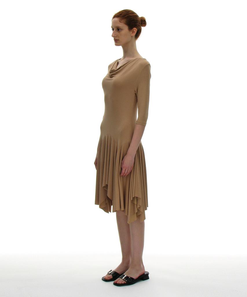 Partimento Woman Cowl Neck Asymmetrical Jersey Dress_Beige