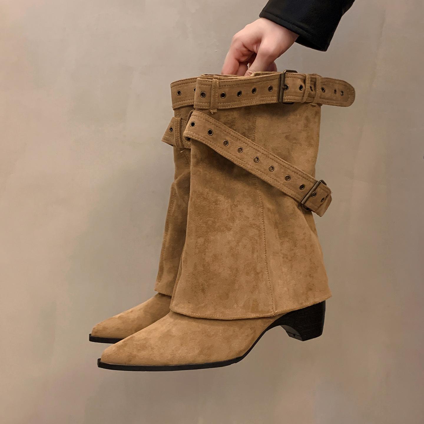 

Интернет-знаменитость остроносые брюки-трубы сапоги-трубы женские осень и зима новые короткие сапоги тонкие ноги толстый высокий каблук пряжка ремня локомотивные рыцарские сапоги 39 хаки