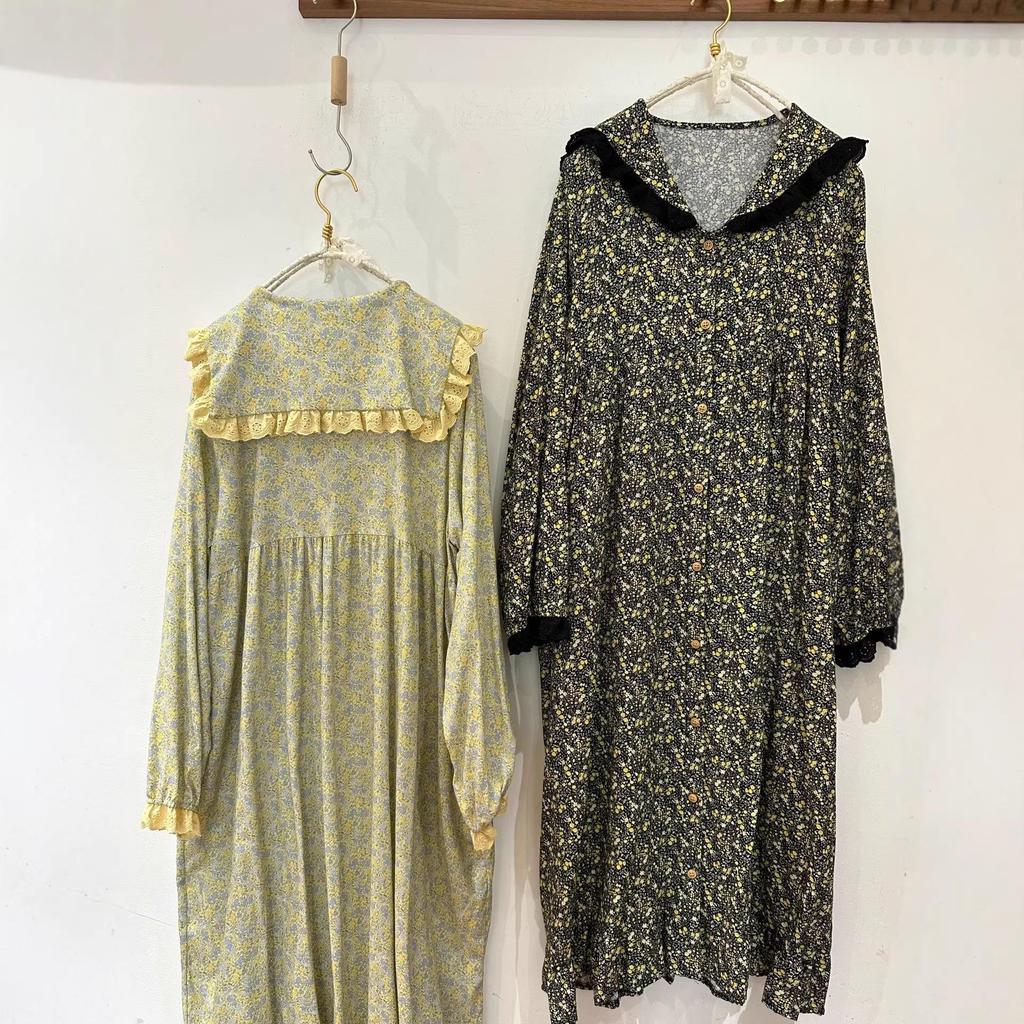 Spring Mori-kei Floral Navy Collar Long Sleeve Loose Casual Plus Size Cotton Linen Dress